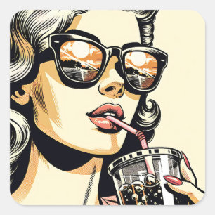 Pop-Art-Comic-Book-Hübsche-Frau-die-Limonade-trink Quadratischer Aufkleber