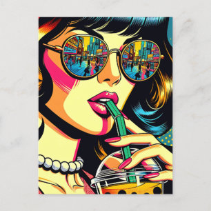 Pop-Art-Comic-Book-Hübsche Frau trinkt Boba Postkarte