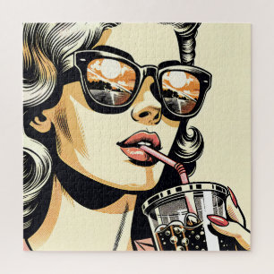 Pop-Art-Comic-Book-Hübsche-Frau-trinkt-Limonade Puzzle