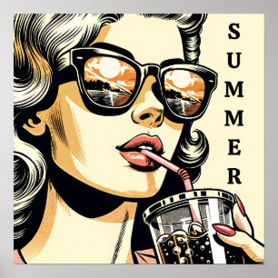 Pop-Art-Comic-Book hübsche Frau trinkt Soda Poster