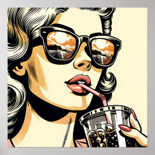 Pop-Art-Comic-Book hübsche Frau trinkt Soda Poster