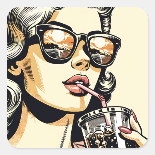 Pop Art Comic Buch Hübsche Frau Drink Soda Quadratischer Aufkleber (Vorderseite)