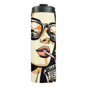 Pop Art Comic Buch Hübsche Frau Drink Soda Thermosbecher