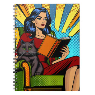 Pop-Art-Comic-Frau beim Lesen mit Katze Notizblock