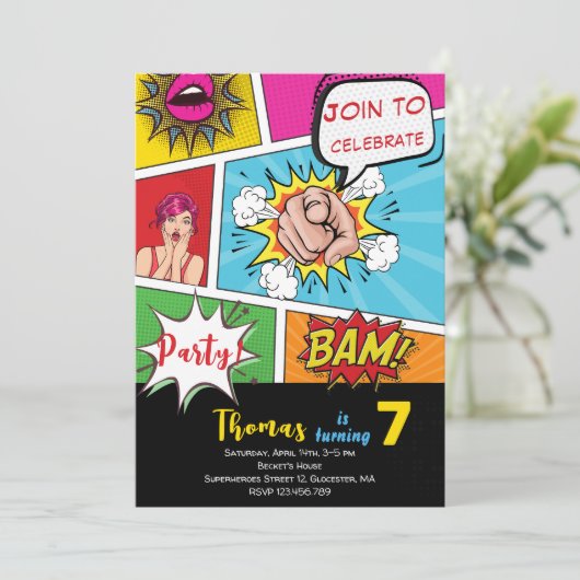 Pop Art Comic Geburtstag Einladung (Stehend Vorderseite)