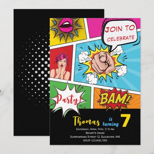 Pop Art Comic Geburtstag Einladung (Vorne/Hinten)