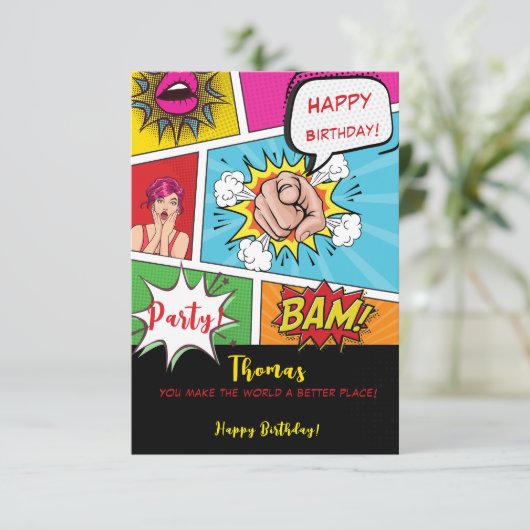 Pop Art Comic Geburtstag Karte (Stehend Vorderseite)