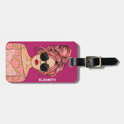 Pop Art Comic Girl Pink Background Gepäckanhänger (Vorderseite horizontal)