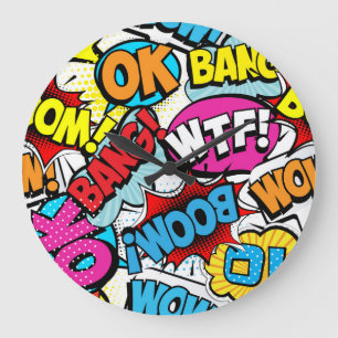 Pop Art Comic: Retro Nahtloses Muster Große Wanduhr