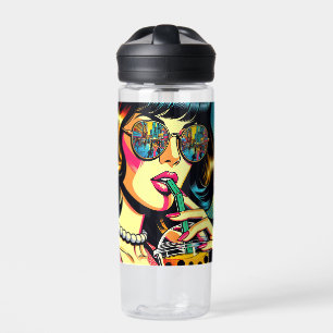 Pop-Art-Comic schicke Frau trinkt Boba Trinkflasche
