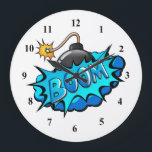 Pop Art Comic Style Bomb Boom! Große Wanduhr<br><div class="desc">Dieses Retro-Comic ist perfekt für jeden Super-Helden-Sammler oder Fanboy. Die hellen Grafiken haben harte Linien und kühnen Farbton.</div>