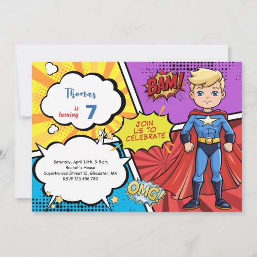 Pop Art Comic Superheld Geburtstag Einladung (Vorderseite)