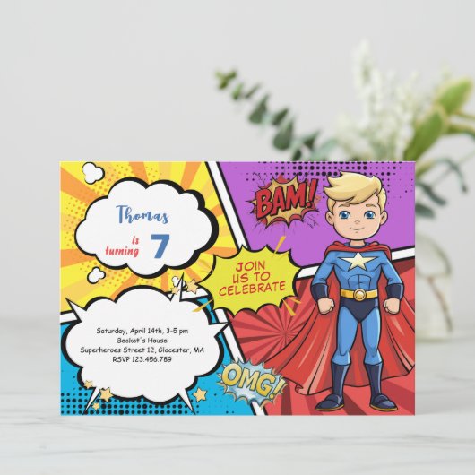 Pop Art Comic Superheld Geburtstag Einladung (Stehend Vorderseite)
