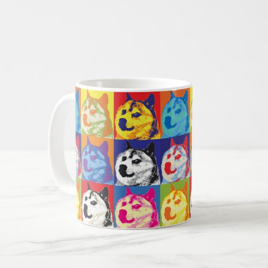 Pop Art Dogecoin Kaffeetasse (Vorderseite Links)