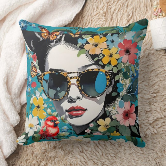 Pop Art Face mit Blume, Vogel und Schmetterlingen Kissen (Decke)