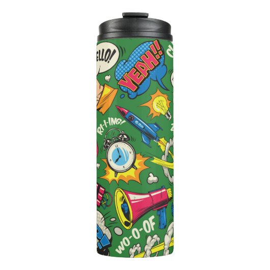 Pop Art farbenfrohe nahtlose Muster mit Comic Spee Thermosbecher (Vorderseite)