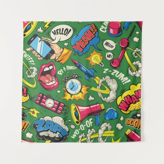 Pop Art farbenfrohe nahtlose Muster mit Comic Spee Wandteppich (Vorderseite)