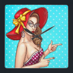 Pop Art Female Quadratische Wanduhr<br><div class="desc">Pinup Girl mit Big Hat</div>