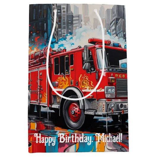 Pop Art Fire Lkw in der Stadt Mittlere Geschenktüte (Vorderseite)