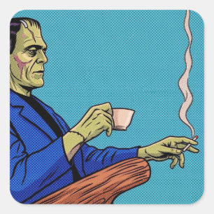 Pop-Art-Frankensteinmonster beim Teetrinken Halbto Quadratischer Aufkleber