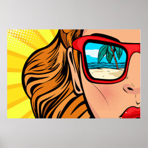 Pop-Art-Frau mit Sonnenbrille am Strand Poster