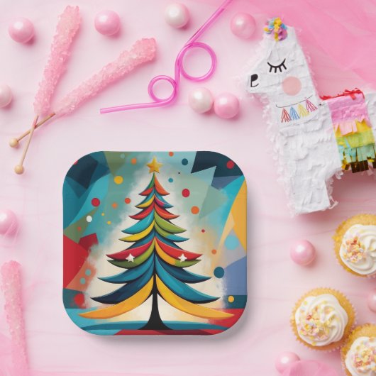 Pop Art Geometric Christmas Feathered Branches Pappteller (Party)