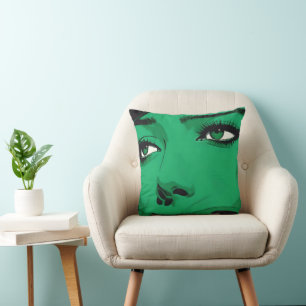 Pop-Art-Gesicht einer Frau in lebendigem Grün Kissen