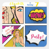 Pop Art Girl Comic Geburtstag Quadratischer Aufkleber (Vorderseite)