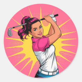 Pop Art Girl Golfer Geburtstagsparty Runder Aufkleber