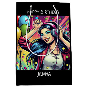 Pop Art Girl in Kopfhörern Geburtstag Personalisie Mittlere Geschenktüte