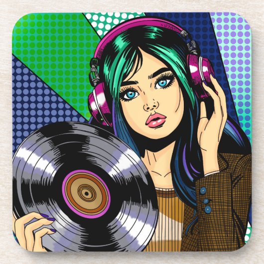 Pop Art Girl mit Aufnahme Getränkeuntersetzer (Vorderseite)