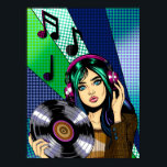 Pop Art Girl mit Aufnahme Poster<br><div class="desc">Pop Art Girl hält ein Vinyl Album mit musikalischen Noten um sie herum. Blaue, grüne und lila handgezeichnete Kunst.</div>