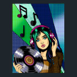 Pop Art Girl mit Aufnahme Poster<br><div class="desc">Pop Art Girl hält ein Vinyl Album mit musikalischen Noten um sie herum. Blaue,  grüne und lila handgezeichnete Kunst.</div>