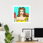 Pop Art Girl with Burger Kitchen 24x24 Poster (Heimbüro)