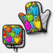 Pop-Art-Glockenpaprika-Muster Ofenhandschuh & Topflappen-Set (Vorderseite/Rückseite)