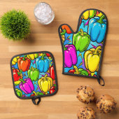 Pop-Art-Glockenpaprika-Muster Ofenhandschuh & Topflappen-Set (Oben Unten)