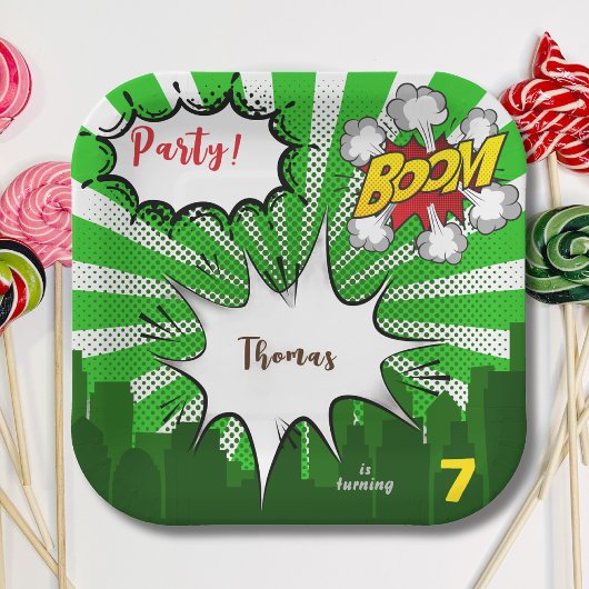 Pop Art Green Comic Geburtstag Pappteller