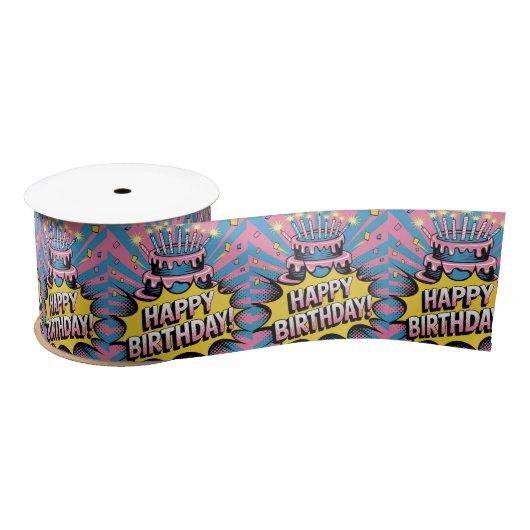 Pop Art Happy Birthday Cake Satinband (Spule)