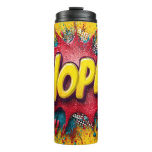 Pop-Art-Illustration mit fettem Gelb 'NOPE' Thermosbecher