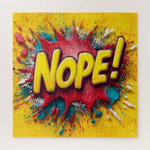 Pop-Art-Illustration mit fettem gelben 'NEIN' Puzzle