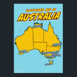 Pop Art Illustriert Australien Poster<br><div class="desc">Diese illustrierte Karte Australiens wird in einem lebendigen Pop-Kunststil dargestellt. Die Karte ist in schwarz und mit einer hellgelben Farbe, Set vor einem blauen Hintergrund mit gepunkteten Mustern gefüllt. Die Großstädte Australiens sind in blauen Kartons gekennzeichnet</div>