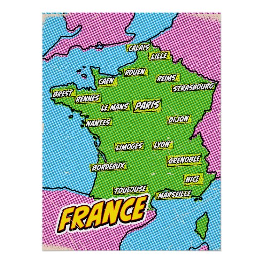 Pop Art Illustriert France Karte Poster (Vorderseite)