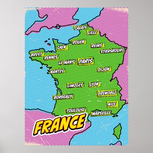 Pop Art Illustriert France Karte Poster (Vorne)