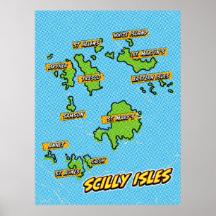 Pop Art Illustriert Scilly Isles Karte Poster