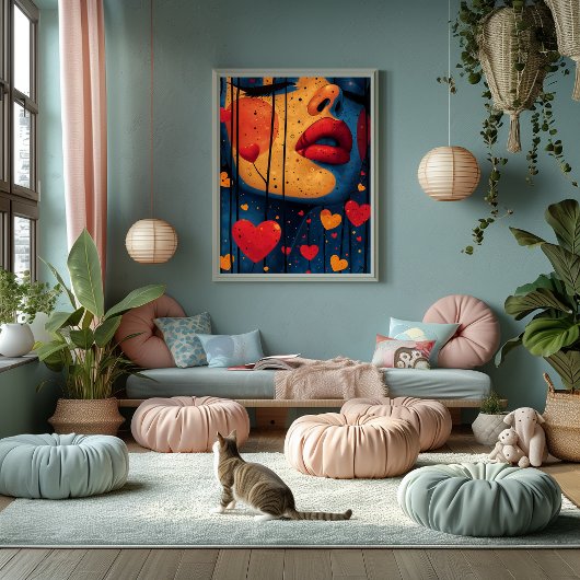 Pop Art Intenso: Rostro y Corazones Fotodruck