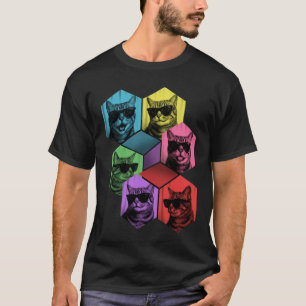 Pop-Art-Katze-Sonnenbrille-Sechseck-Gitter T-Shirt