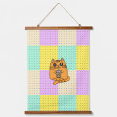 Pop Art Kawaii Katze mit Boba Tee, Ramen und Handw Wandteppich Mit Holzrahmen (Vorderseite)