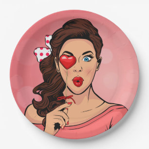 Pop Art Lady Heart Lollipop Pappteller