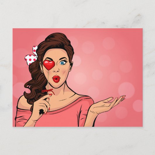Pop Art Lady Heart Lollipop Valentine Postkarte (Vorderseite)