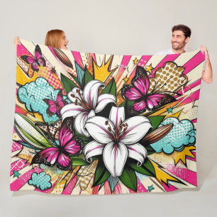 Pop Art Lilies und Schmetterlinge Fleecedecke